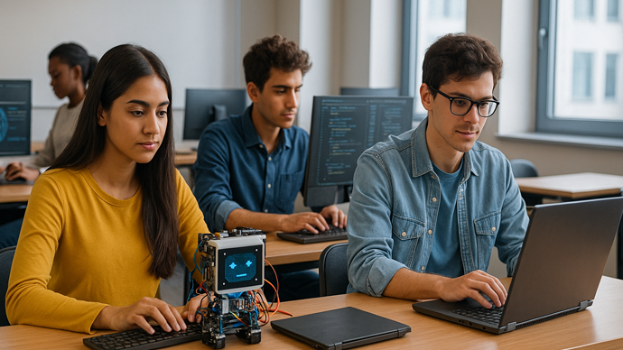 Students working on artificial intelligence projects in a modern classroom