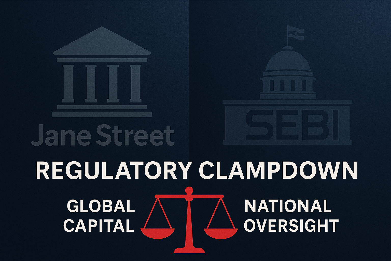 Split-screen graphic showing Jane Street and SEBI symbolizing global capital versus Indian regulatory oversight with justice scale overlay