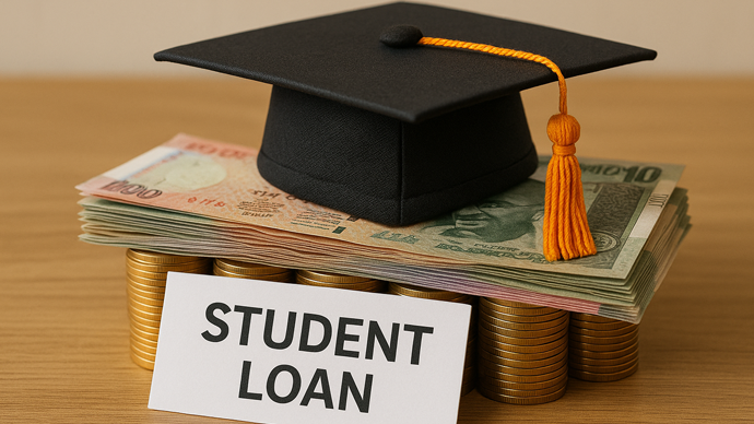 A symbolic image of a graduation cap placed on a stack of rupee notes, US dollars, and gold coins with a card labeled &amp;amp;amp;amp;quot;Student Loan,&amp;amp;amp;amp;quot; highlighting the burden of education loans.